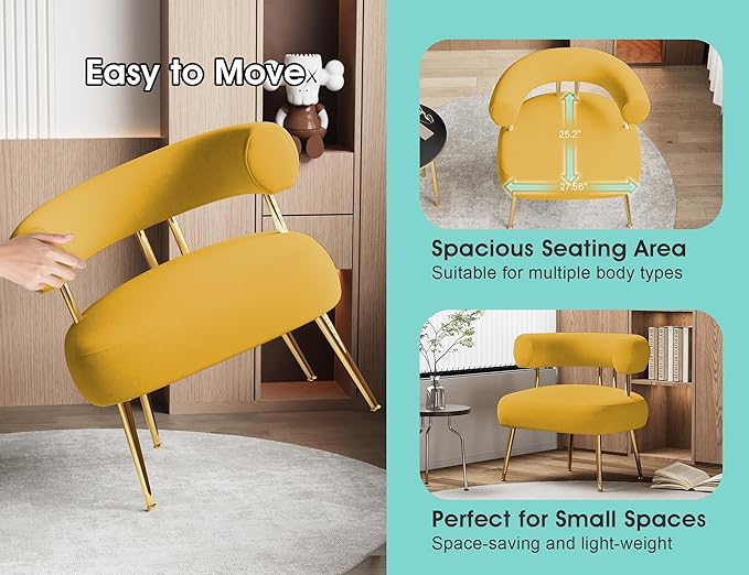 Modern Velvet Accent Chair Round Upholstered Barrel Armchair for Small Spaces Fluffy Side Corner Sofa Chair for Living Room Bedroom(Yellow)
