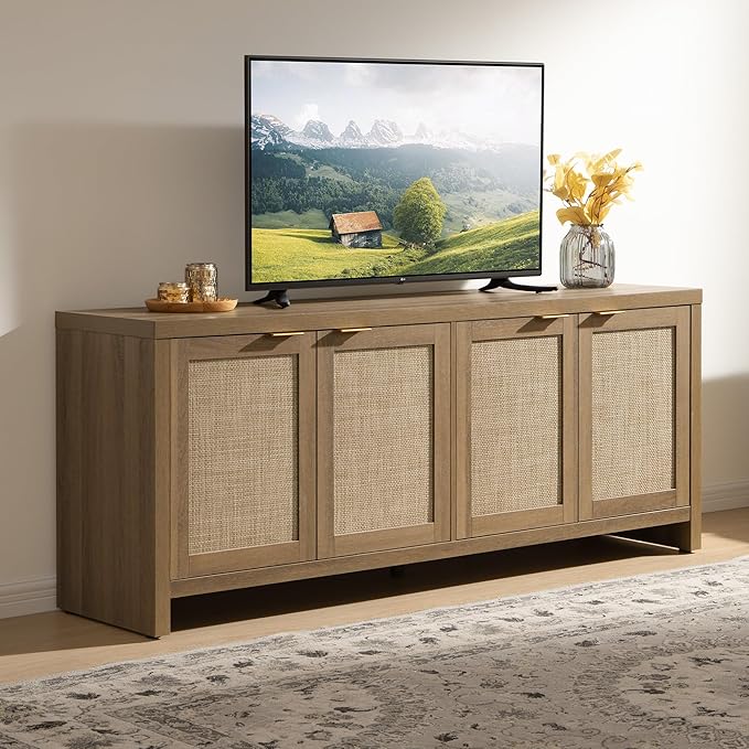 SICOTAS TV Stand for Living Room Boho Entertainment Center for Bedroom with 4 Rattan Cabinets Farmhouse Television Stands with Storage Large Media Console Table for TVs up to 65 Inch