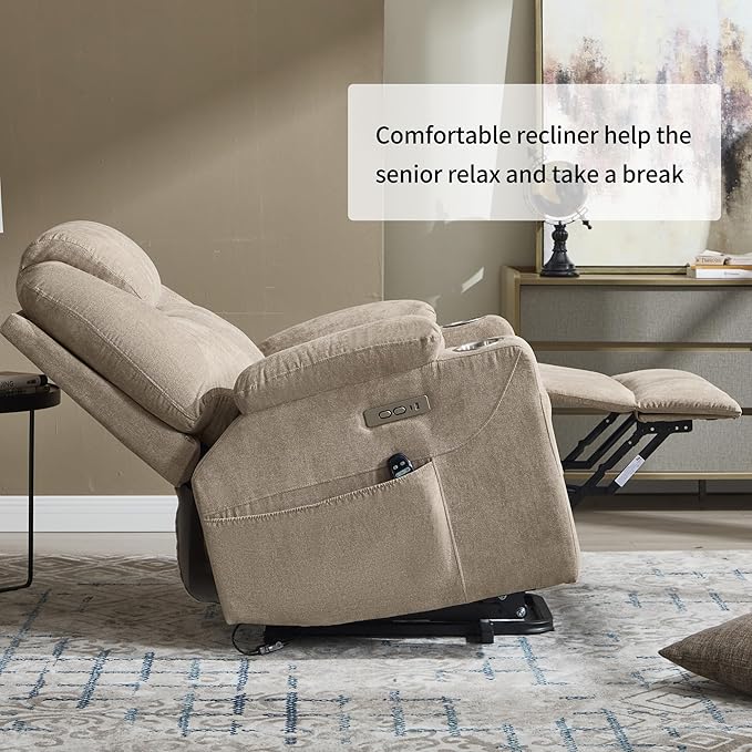 Chenille Electric Power Lift Recliner Chair Massage Single Sofa with Vibration Massage and Lumbar Heating Ergonomic Lounge Couch with Cup Holders and USB Charge Port for Living Room (Khaki)
