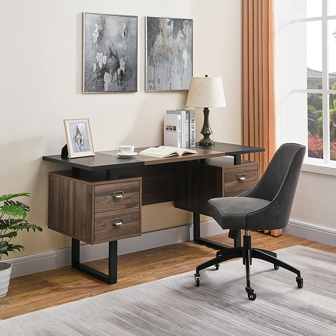 Computer Desk with 4 Drawers for Files Organization 59 Large Home Office Desk with Storage Shelves Industrial Study Writing Table Workstation for Home Office Study Room Walnut and Black