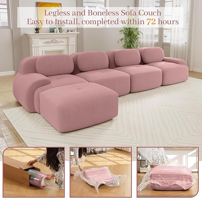 Boneless Sectional Couch No Assembly Required 152.7” L Shaped Modular Cloud Sofa with Pillow and Ottoman Deep Seat Corduroy Couch for Living Room Bedroom Office Apartment