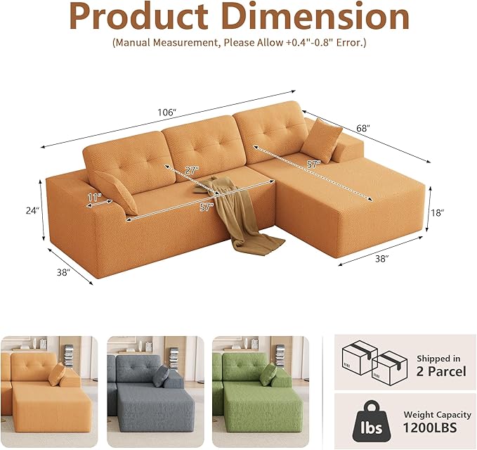 Ball &amp Cast 106 Cloud Modular Sectional Sofa Boneless Chenille Couch with Deep Seat Comfy L-Shaped Sectional Modern Upholstered Sofa for Living Room No Assembly (Orange Right Facing Chaise)
