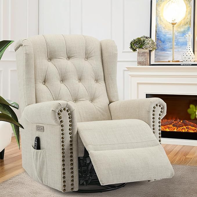 VIVIJASON Power Swivel Rocking Recliner Chair with Massage &amp Heat Electric Rocker Nursery Glider Chair Wingback Tufted Upholstered Recliner W/Type-C &amp USB Ports for Living Room Bedroom Bei