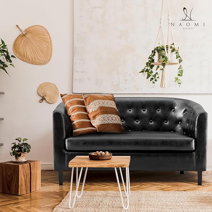 Emma Modern Loveseat Sofa – Faux Leather Love Seat Couch with Plush Cushions Solid Wood Frame Button-Tufted Design Stain-Proof Upholstery Small Loveseat for Bedroom Office &amp Small Spaces