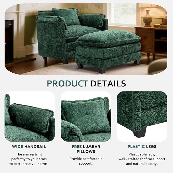 Accent Chair Comfy Oversized Sofa Sleeper Chair with Ottoman Modern Deep Seat Single Sofa Couch for Living Room Bedroom Study Balcony (Chenille Dark Green)