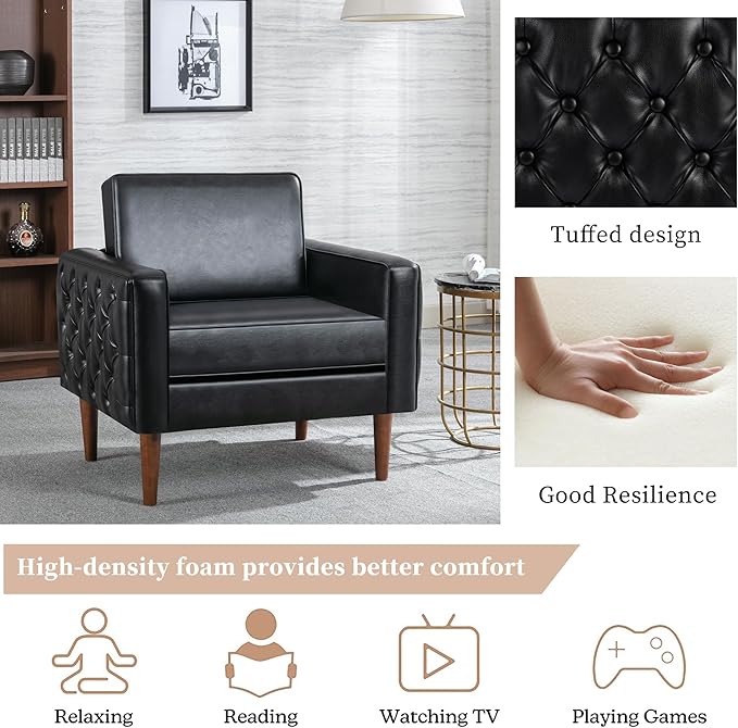 BFZ Modern Button Tufted Armchair with Wood Legs PU Faux Leather Accent Chair Comfy Upholstered Single Sofa Lounge Chair Club Chair for Reading Living Room Bedroom