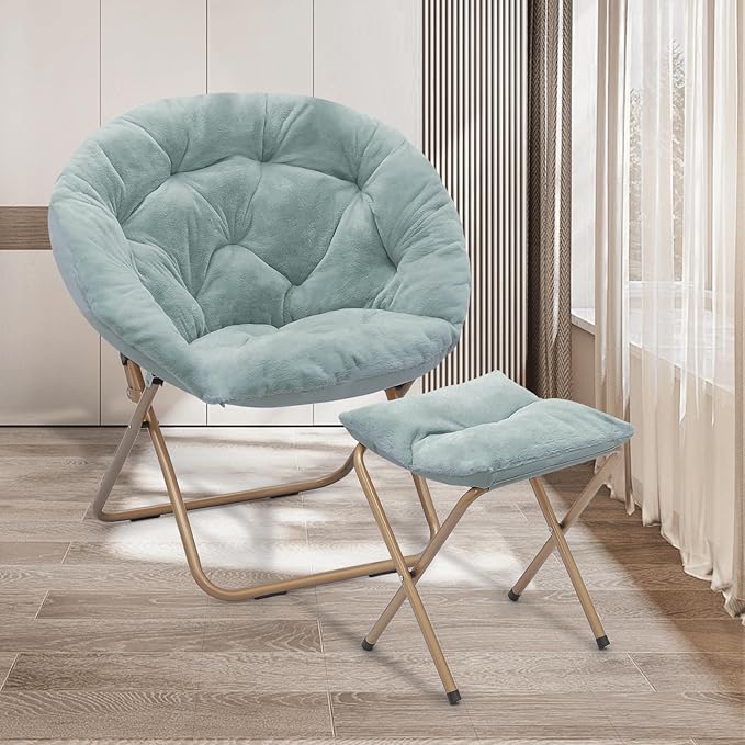 Athena Collection Round Saucer Chair with Ottoman Set for Adults Oversize Comfy Cozy Faux Fur Folding Reading Chair with Metal Leg Lazy Relaxing for Living Room Bedroom Dorm Apartment Teal