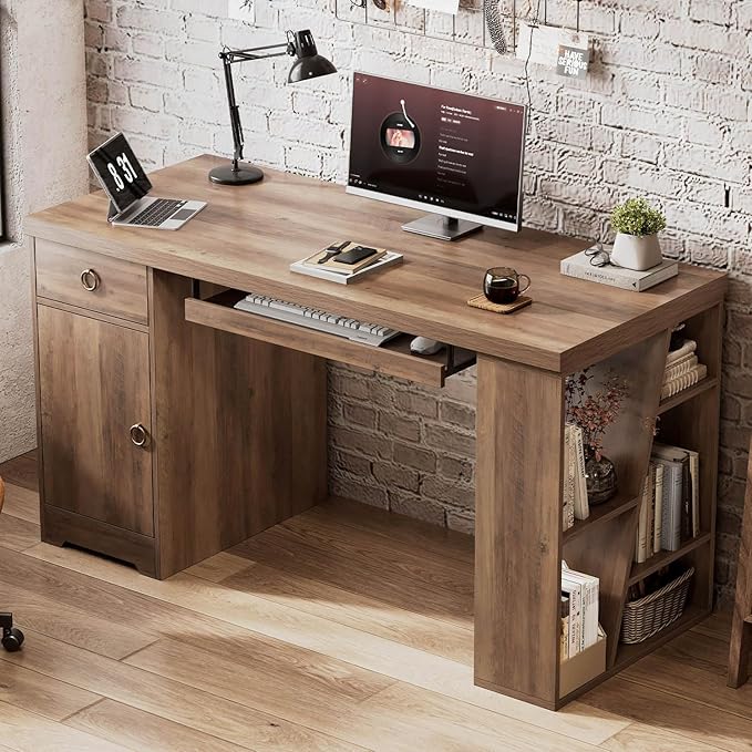 HSH 55 Inch Executive Office Desk with Drawers Farmhouse Computer Desk with Keyboard Tray and Storage Rustic Wood Work Study Writing Pc Table Studio Desks Home Workstation with Shelves and Cabinet