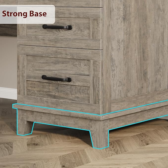 GarveeHome Farmhouse Executive Desk with Drawers 53.54 in Home Office Desk with Charging Station Wooden Computer Desk with File Cabinet Storage for Work Study Writing Rustic Gray