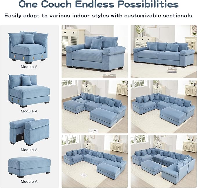 Cloud Couch Modular Sectional Sofa 167.6 Oversized 4 Seater U Shaped Couch Deep Seat Sectional Couches for Living Room Comfy Corduroy Upholstery Sofa Extra-Wide Armrests with OttomanBlue