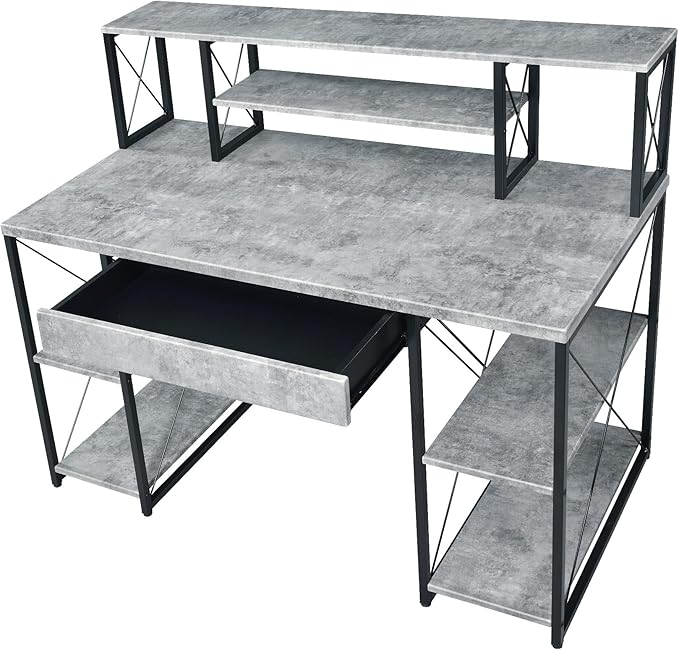 Penau Gray Finish Writing Desk Spacious Storage with Metal Frame Modern Design for Home Office Creative Studio Compartment Style
