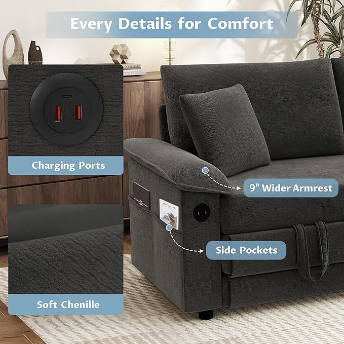 SUNWAVE Oversized Loveseat Sleeper Sofa 77 Convertible Sofa Bed 2-Seat Pull Out Couch w/USB Chenille Queen Folding Sofa Bed for Living Room Small Spaces Bedroom (Black)
