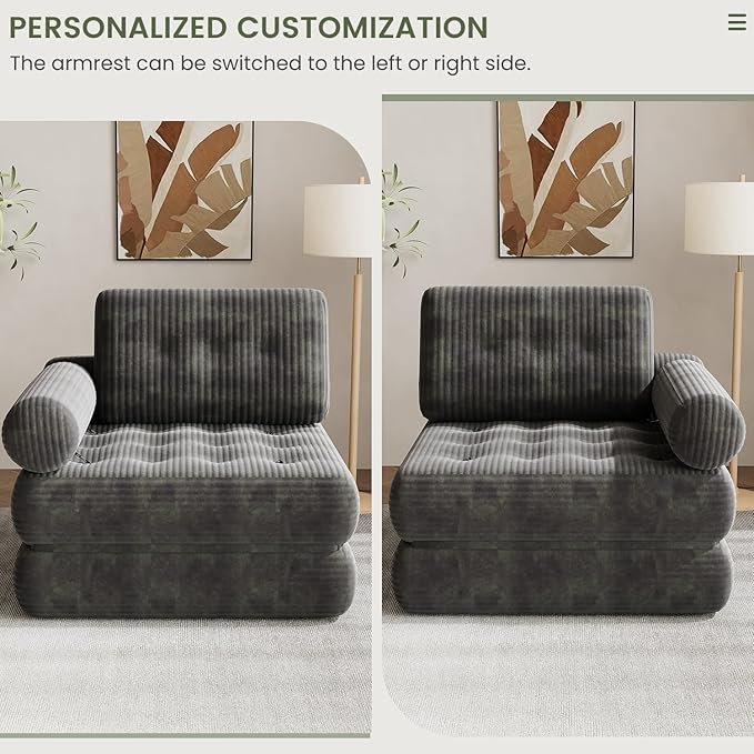 35 Folding Sofa Bed 5-in-1 Convertible Sleeper Chair Floor Mattress with Removable Armrest Boneless Couch in a Box Fold Out Futon Lounge Chair Bed for Dorm Bedroom Small Space - Grey Single