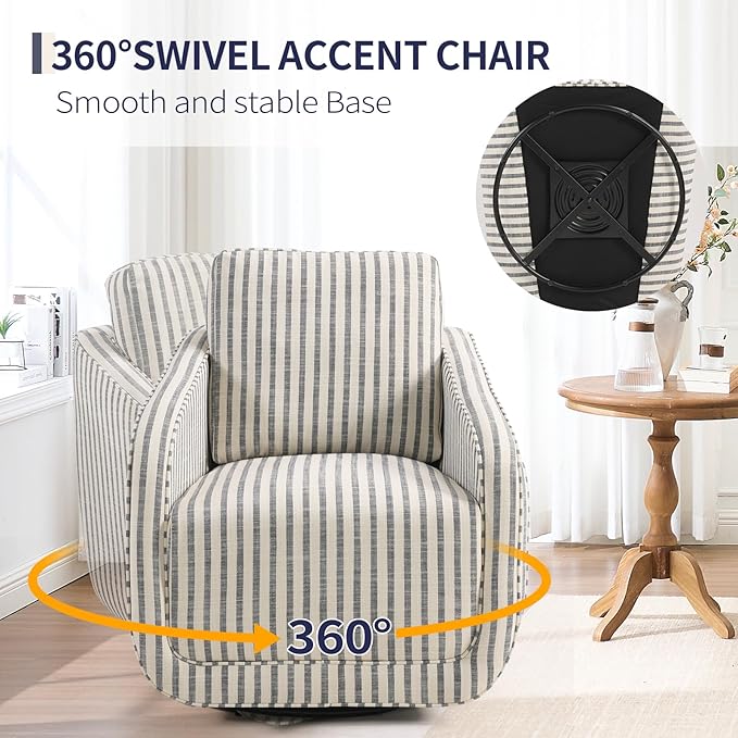 Swivel Barrel Accent Chair Set of 2 360 Degree Comfy Swivel Reading Chair with Removable Back Modern Sofa Chair with Oversize Base for Living Room Bedroom Office(Blue Stripe)