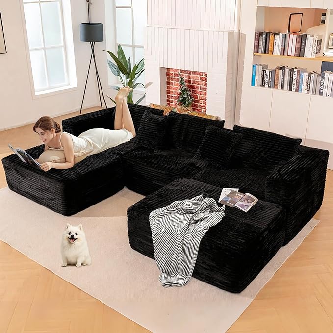110 Modular Sectional Boneless Sofa with 2 Ottomans Corduroy U-Shaped Modular Sectional Sofa Convertible Cloud Couch with Deep Seats No Assembly Required (Black 110 3Seat+2 0ttoman)