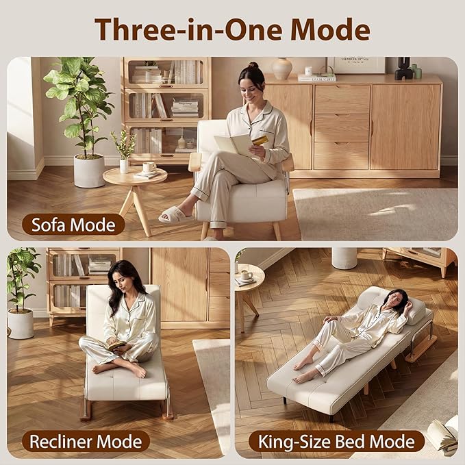 3 in 1 convertible sleeper sofa bed - Portable Rollaway Guest Bed Space-Saving Foldable Design for Easy Storage Futon Chair with 6-Level Adjustable Backrest for Guest Room Apartment Dorm Cream Beige