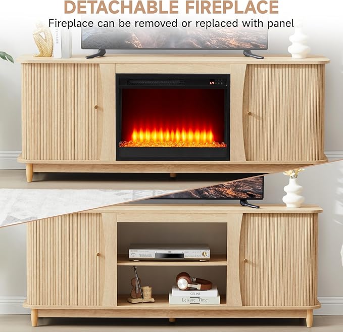 Fireplace TV Stand Fluted TV Stand with Storage and Sliding Door Farmhouse Entertainment Center Media Console Table for Living Room (Natural)