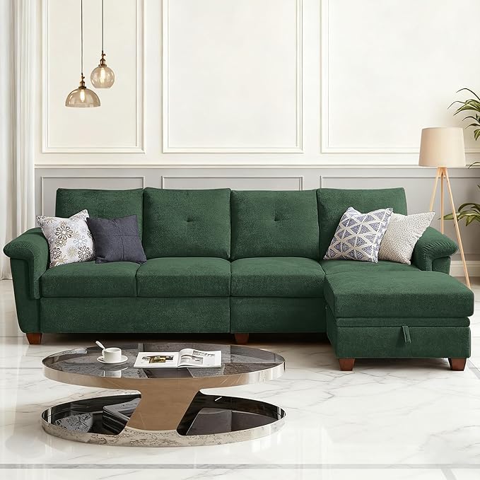 4-Seat Sectional Couches for Living Room Bedroom Office L Shape Convertible Sectional Sofa Couch with Ottoman and Cup Holders Green