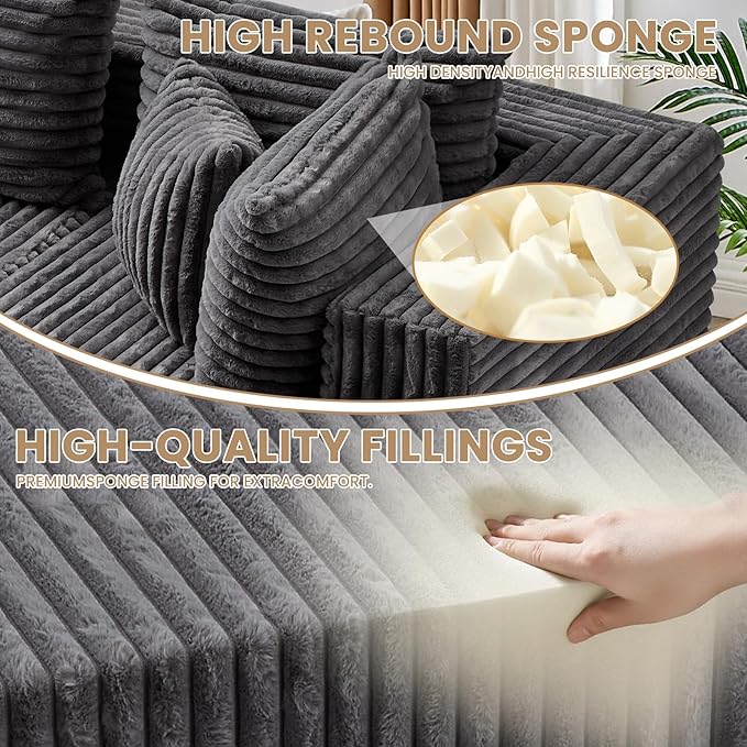 104 Inch Cloud Couch SectionalCorduroy Boneless Couches for Living RoomL-Shaped Modular Sectional Sofa with Removable Ottoman and Deep SeatNo Assembly RequiredGrey