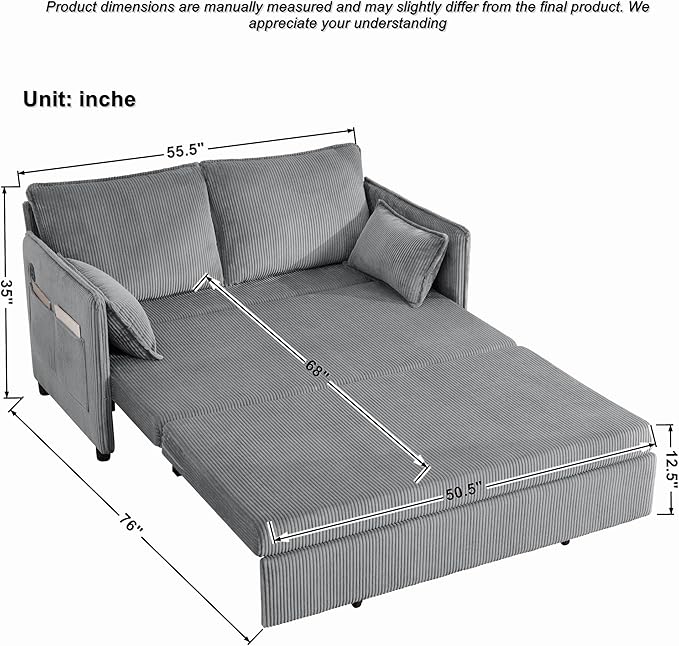 GDFStudio 55 Convertible Sofa Bed 3-in-1 Sofa Bed Couch with Pull Out Design Corduroy Sleeper Sofas with USB Ports &amp Side Pocket Modern Loveseat Sleeper for Living Room Bedroom Small Space Gr