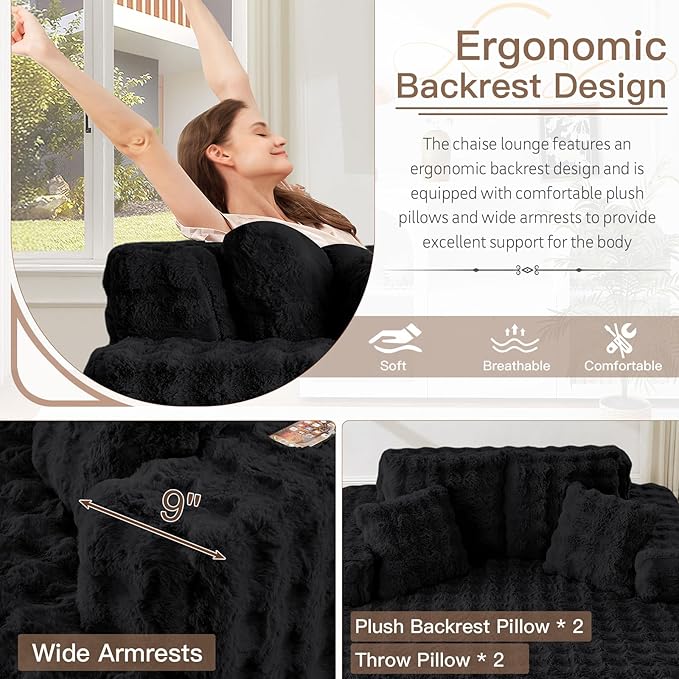 56 W Oversized Chaise Lounge Chair IndoorPlush Faux Fur Sleeper Couch Sofa Bed with PillowsFluffy Comfy Cloud SofaCompression Foam Boneless Couch for Living RoomBedroom(Bubble Black)