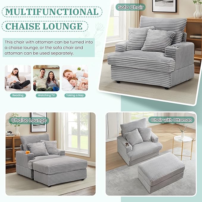 Chaise Lounge Chair Indoor 39 W Plush Corduroy Oversized Chair with Ottoman Upholstered Cozy Chaise with Cup Holder Modern Deep Seat Comfy Sofa Armchair for Living Room Bedroom(Grey)