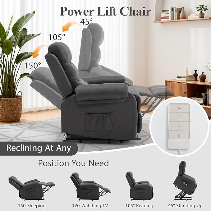 Power Lift Recliner Chair for Elderly Electric Lift Chair for Adults Small Recliner with Side Pockets for Living Room Reading Room Recliner Saves Your Favorite Position Darkgrey