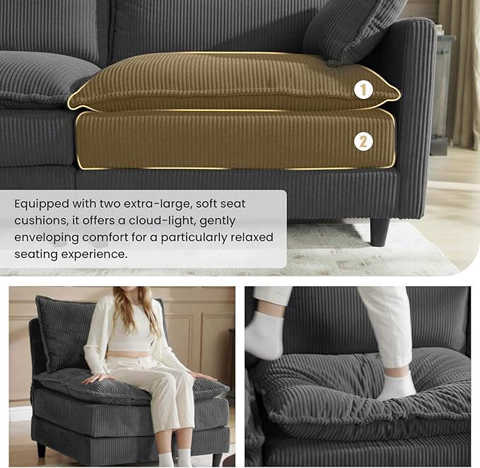 Apicizon 143 Cloud Couch Sectional 4-Seat Deep Sofa Couch with Ottoman Modern U Shape Sectional Cloud Sofa Corduroy for Living Room Apartment Office Grey