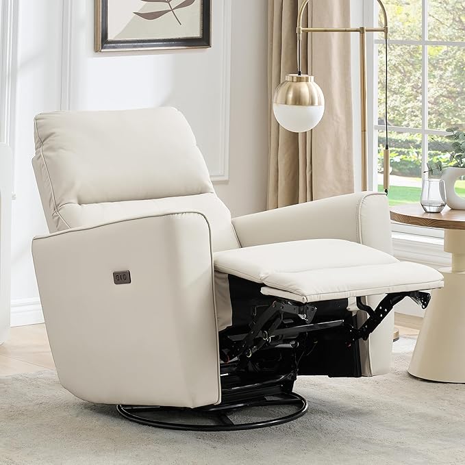 GarveeHome Power Swivel Glider Recliner Chair PU Leather Nursery Electric Rocker Recliner Chair with Lumbar Support &amp USB Port for Living Room Bedroom and Nursery (White)