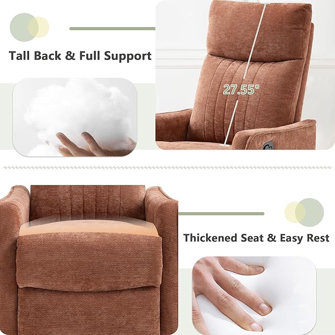 cinkehome Heated Massage Swivel Rocker Recliner Chair for Nursery - Small Space Reclining Chair with Lumbar Support 360° Swivel &amp Gentle Rocking Ergonomic High Back Orange Chenille