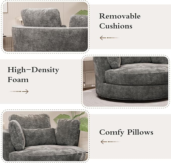 Chifee &amp Vingol 50.2 Oversized Swivel Accent Chair Upholstered Round Barrel Chair with Pillows Swivel Chairs for Living Room BedroomChenilleGray