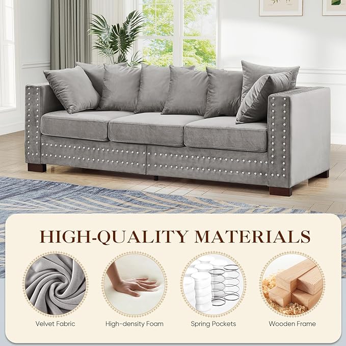 84.5W Mid Century Modern Couch with Storage Upholstered Velvet Sofa Deep Seat Chesterfield Couch with Nailhead Trim &amp Pillows 3-Seat Comfy Sofa for Living Room Bedroom Apartment Office(Grey