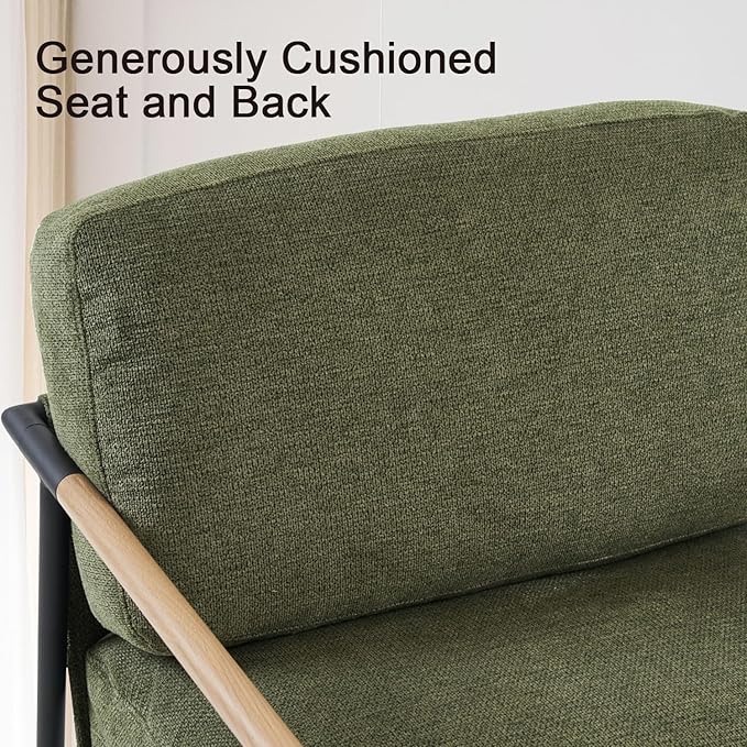 Accent Chair Mid Century Modern Armchair for Living RoomBedroomOfficeLounge Comfy Chenille Upholstered Soft Removable Washable Cushions and PillowsMetal Wood-Grain Armrest LegsGreen