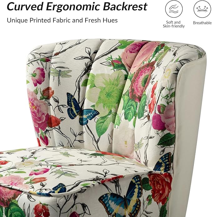 HULALA HOME Accent Chair with Golden Metal Legs Comfy Tufted Wingback Living Room Chair Floral Fabric Small Armless Side Chair Upholstered Slipper Chair for Bedroom Reading Room Flower Print