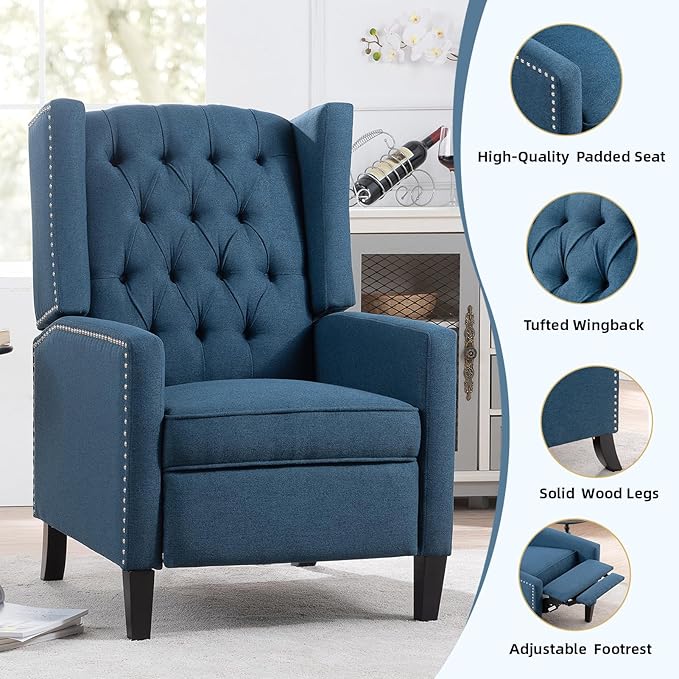 Wing Back Recliner Chair for Living Room Push Back Reclining Chairs Club Accent Chair Lounge Armchair Comfy Fabric Arm Chair with Rivet Decoration Tufted Back Solid Wood Legs Blue