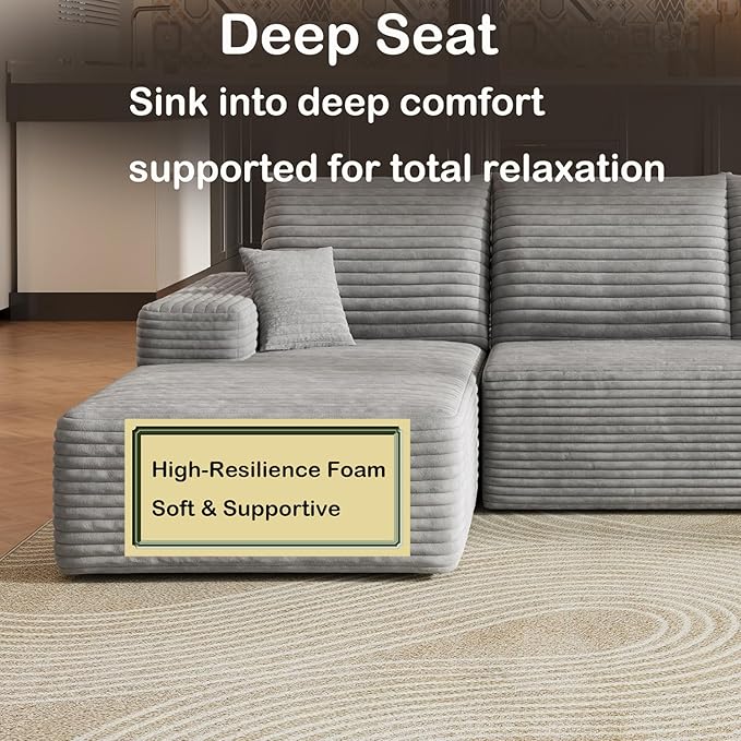 135.4 L-Shaped Sectional Corduroy Boneless Couch with Chaise Modern Modular Couches for Living Room Apartments Upholstered Cloud Sofa with Deep Seat No Assembly Required (Grey)