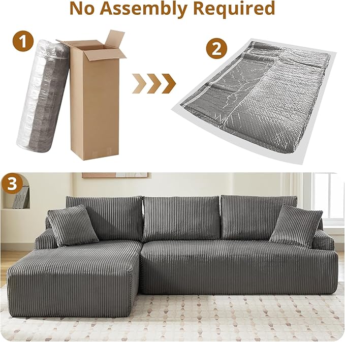 Sectional Cloud Boneless Couch 106 Modern Comfy L-Shape Corner No Assembly Required Convertible Compression Sleeper Modular Sofa with Corduroy Fabric Deep Seat Loveseat + Chaise for Living Room