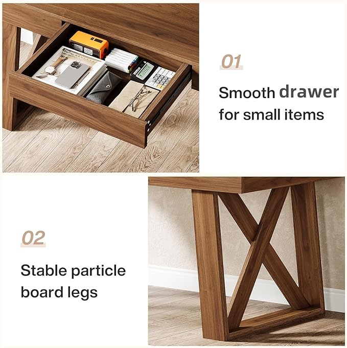 Tribesigns 55 Wide Desktop Executive Desk with Drawer Retro Brown Computer Office Desk Modern Wood Business Workstation Table for Home Office