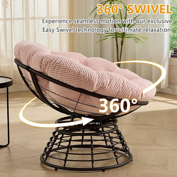 36” Papasan Chair with Cushion and Frame Oversized Papasan Chairs 360° Swivel Olefin Adjustable Feet Suitable for Living Room Patio Bedroom Indoor/Outdoor (Pink)