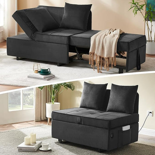 Sofa Bed 4-in-1 Convertible pull out Couch Velvet Love seat Couch Sleeper Chair Bed with 2 Throw Pillow Single Recliner with 5 Adjustable Backrests for Living Room Apartment Small Space Dark Grey