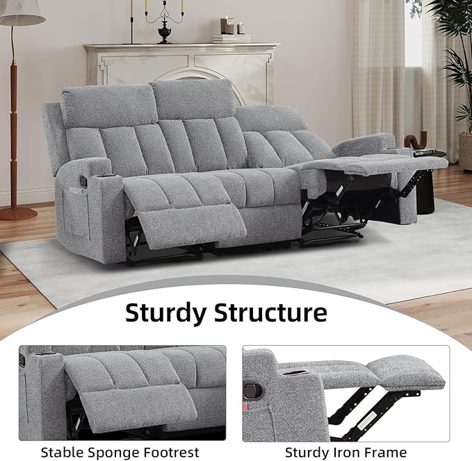 CANMOV Manual Recliner Sofa Set Fabric Recliner Living Room Furniture Sets 1 Seat Reclining Chair and a 3 Seate Sofa Furniture Set with Side Pockets and Cup Holders Light Grey