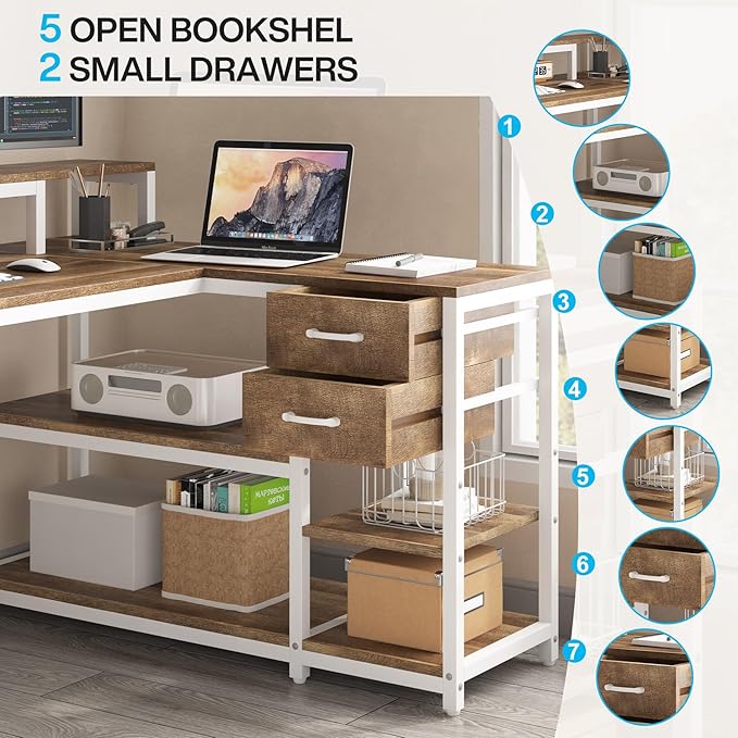 Tribesigns L Shaped Desk with Drawers and Storage Shelves Corner Home Office Desk with Monitor Stand 55 x 24 Desktop Computer Table Gaming Study for Small Space (Oak)