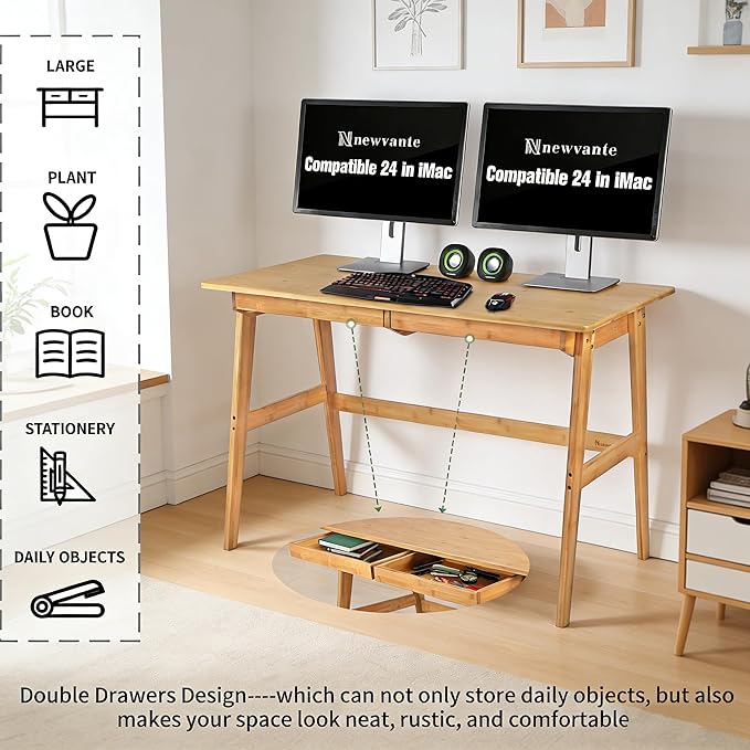 Nnewvante Writing Computer Desk 46 Bamboo Home Office Table with 2 Drawers Modern Furniture Simple Study Makeup Workstation