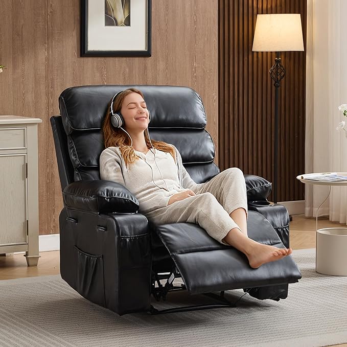 PU Leather Recliner Chair with Heat &amp 8-Point Massage Extra Wide Manual Recliner for Adults q235 Steel Frame Side Pockets 1.5X Comfort Arm &amp Back Lazy Boy Sofa for Living Room or Bedroom