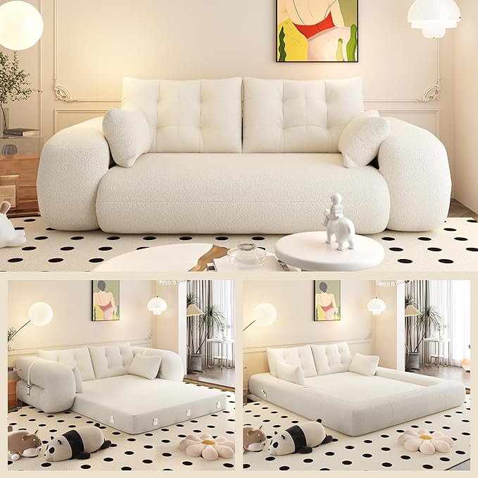 78.7 Convertible Sofa Bed 3-in-1 Folding Floor Couch with 4 Pillows Sleeper Sofa for Living Room and Guest Bed No Assembly Required (Beige Teddy Fabric)