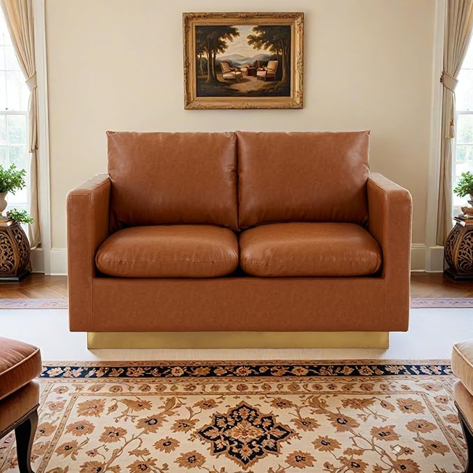 LeisureMod Nervo Modern Upholstered Leather Loveseat Sofa 2-Seater Living Room Couch with Gold Metal Base and Removable Cushions Small Space Furniture for Living Room Office Cognac Tan