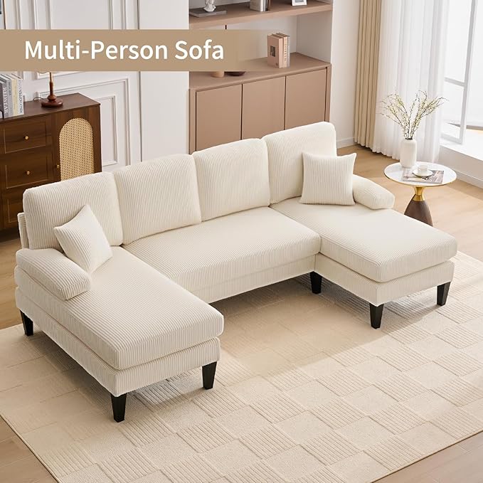 98 U Shaped Couch with 18 Seat Height Sectional Couches for Living Room 4 Seater Couch Set with Double Chaise for Apartment Living Room Sofas Corduroy Beige