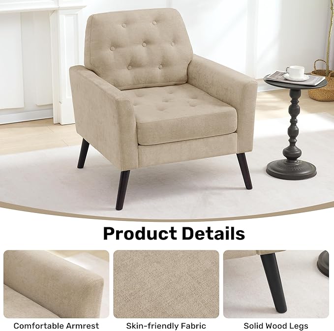 Accent Chair for Living Room Mid Century Modern Reading Chair Upholstered Armchair with Tufted Back &amp Wood Legs Single Sofa Side Chair for Bedroom Small Room Office Apartment Light Brown