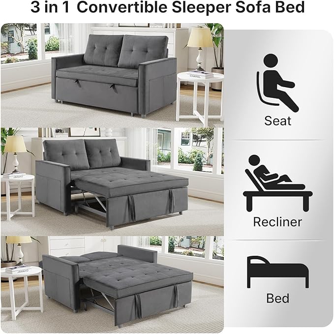 Rovibek 3-in-1 Velvet Sleeper Sofa Bed Convertible Pull Out Couch for Living Room with Adjustable Backrest Side Pockets Velvet Fabric Loveseat Sofa for Apartment Grey