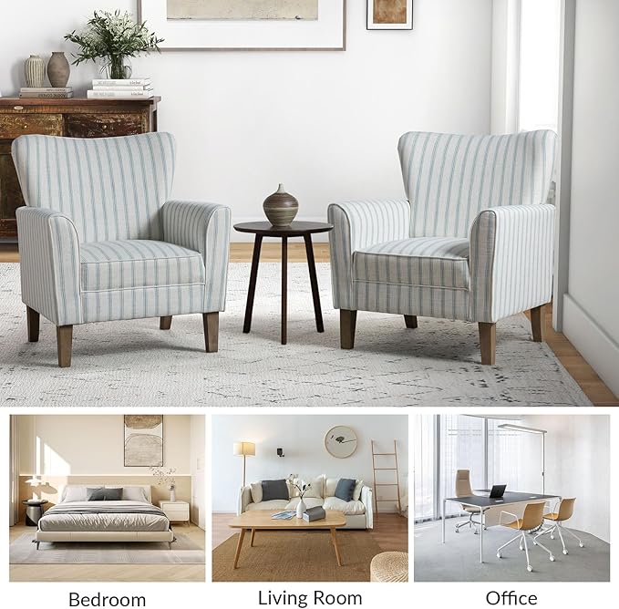 HULALA HOME Farmhouse Wingback Accent Chair Upholstered Striped Armchair with Solid Wood Legs Thick Seat Cushion for Living Room or Bedroom Blue
